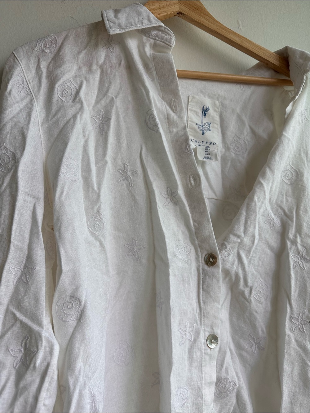 Calypso White Embroidered Linen Button-Front Shirt